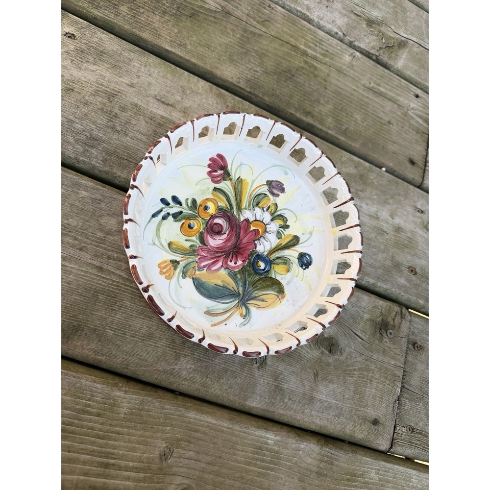 Vintage Italian Majolica Style Floral Ceramic Bowl Pierced Edge 8"